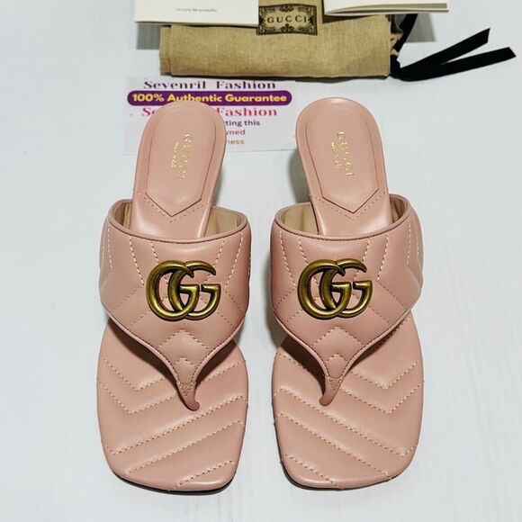 Gucci Marmont Double G 38/ US 8 Thong Pink Chevron Kitten Heel Sandals NIB - Picture 7 of 14